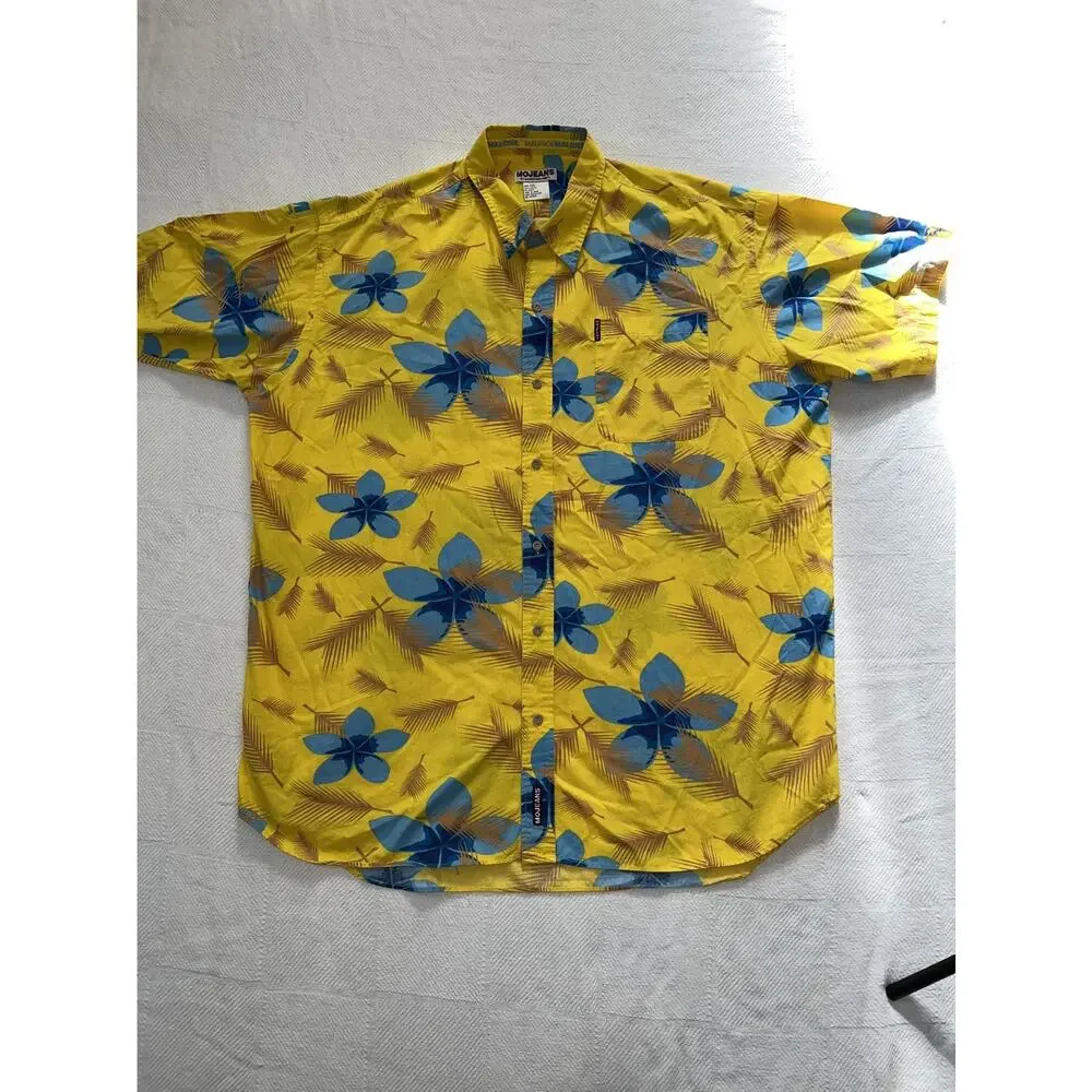 MOJEANS Yellow Blue Floral Tropical Palm Tree Print Button Up Shirt 3XL Vintage - Picture 3 of 15